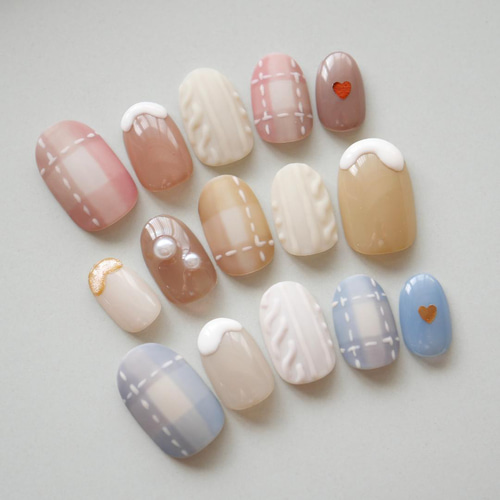 ♡ぷっくりハートのニットネイル♡ ネイルチップ　ハンドメイド ネイルチップ ハートネイル ニットネイル ネイルチップ（つけ爪
