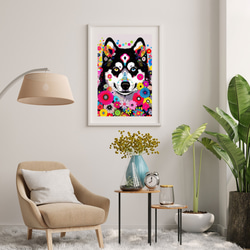 【花とシベリアンハスキー犬の夢の世界 No.1】アートポスター 犬の絵 犬の絵画 犬のイラスト 7枚目の画像