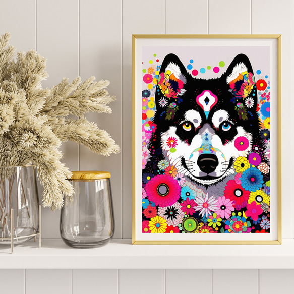 【花とシベリアンハスキー犬の夢の世界 No.1】アートポスター 犬の絵 犬の絵画 犬のイラスト 8枚目の画像