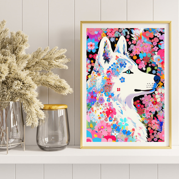 【花とシベリアンハスキー犬の夢の世界 No.3】アートポスター 犬の絵 犬の絵画 犬のイラスト 8枚目の画像