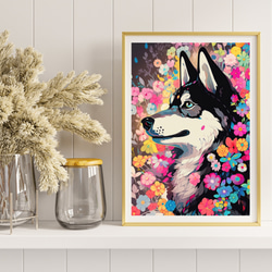 【花とシベリアンハスキー犬の夢の世界 No.4】アートポスター 犬の絵 犬の絵画 犬のイラスト 8枚目の画像