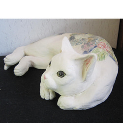 花寝猫　大　1点物　陶器　縁起物　猫　置物　c29 6枚目の画像