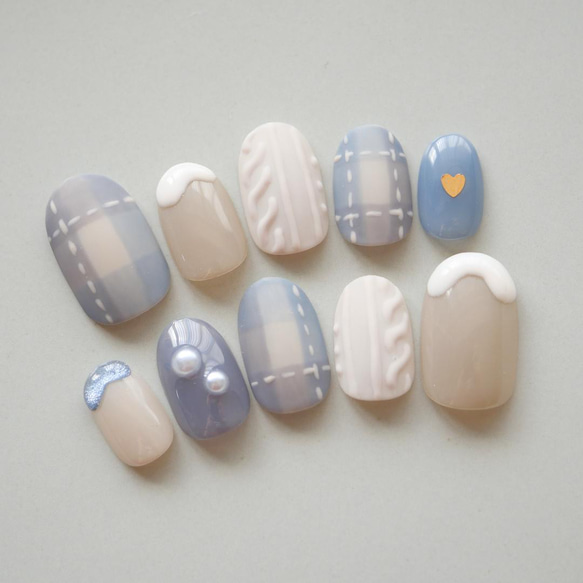 ふんわりチェック×ニットネイル-ブルー-◇ネイルチップ【fuyu-No.12