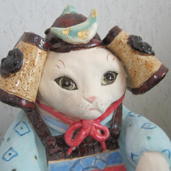 武将猫　五月人形　鎧　兜　スコ座り1点物　陶器　縁起物置物　招き猫　c30 4枚目の画像