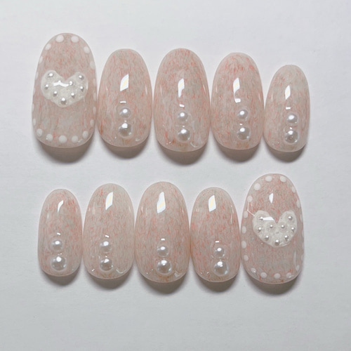 ネイルチップ】ニットネイル フラッフィーネイル ハート ピンク パール