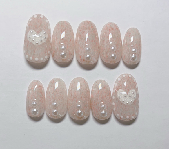 ネイルチップ】ニットネイル フラッフィーネイル ハート ピンク パール