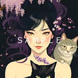 猫の絵　花 猫と女性と花(オリジナルイラスト)A4 №s-4057 イラスト shizennokaze
