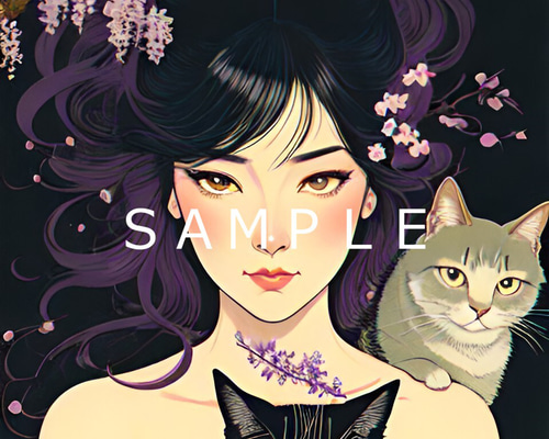 猫の絵　花 猫 花 A5サイズ キャット フラワー イラスト Mio 2 イラスト