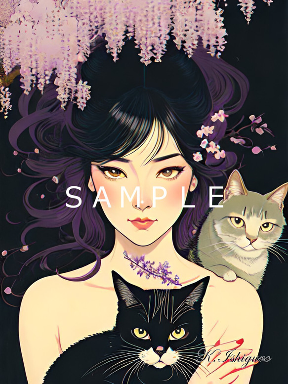猫の絵　花 猫と女性と花(オリジナルイラスト)A4 №s-4057 イラスト shizennokaze