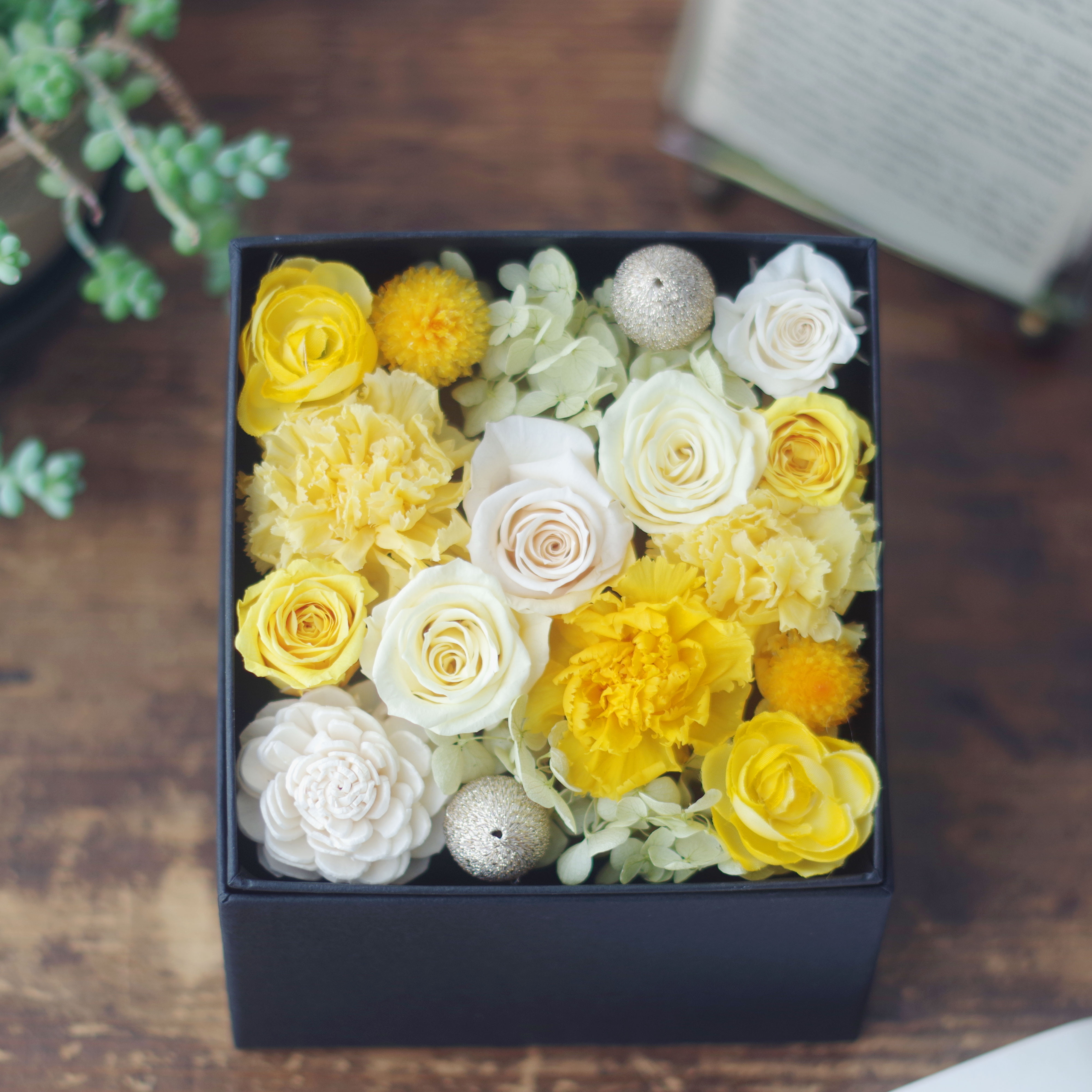 【母の日】【ギフト】香りのプリザーブドフラワーボックス　イエロー