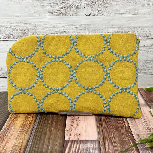 L字ファスナー型ポーチ 刺繍 サークル イエロー 通帳ケース お薬