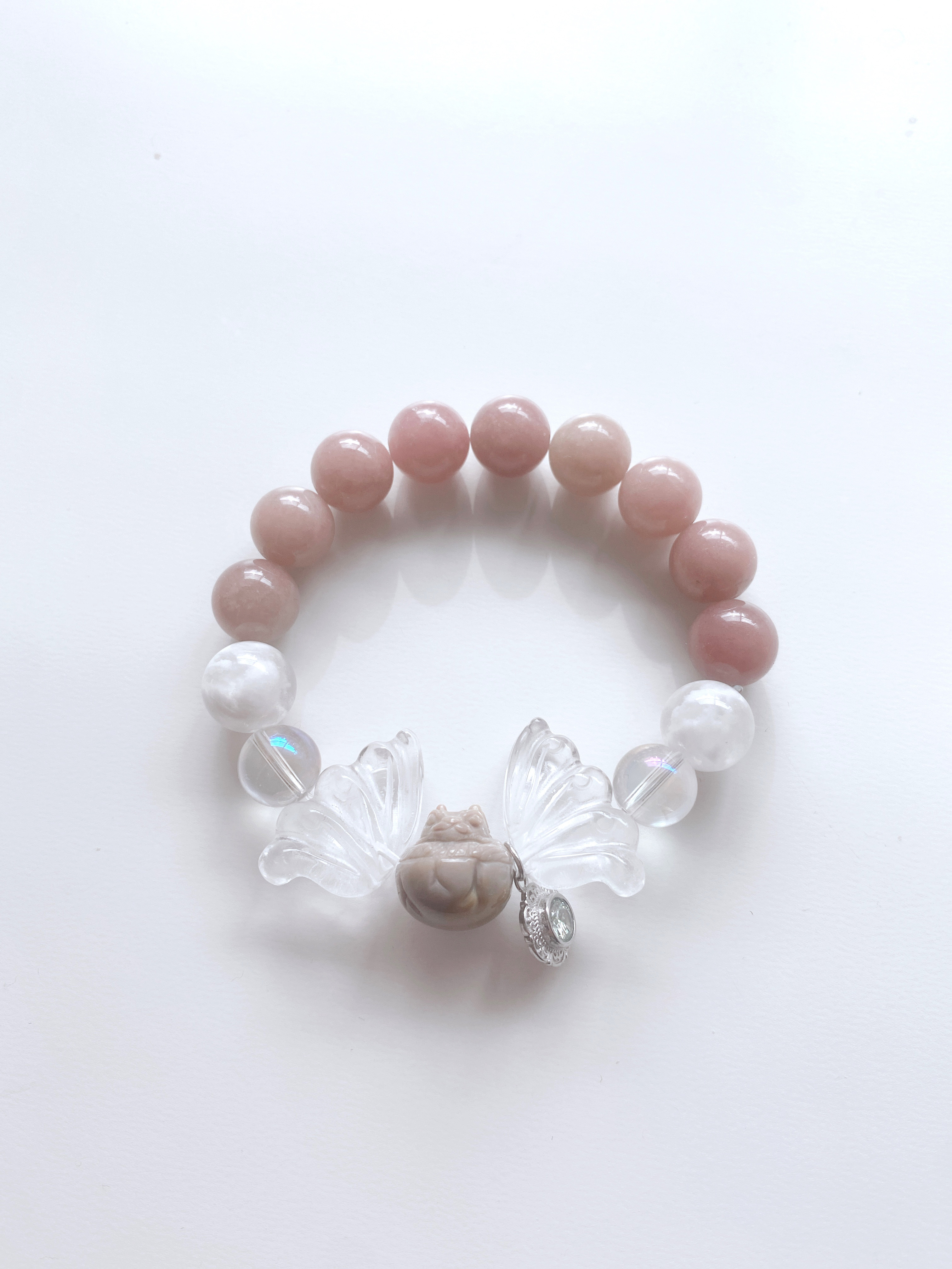 【9-89】水晶の羽を広げたベビードラゴンとピンクトルマリンのブレスレット
