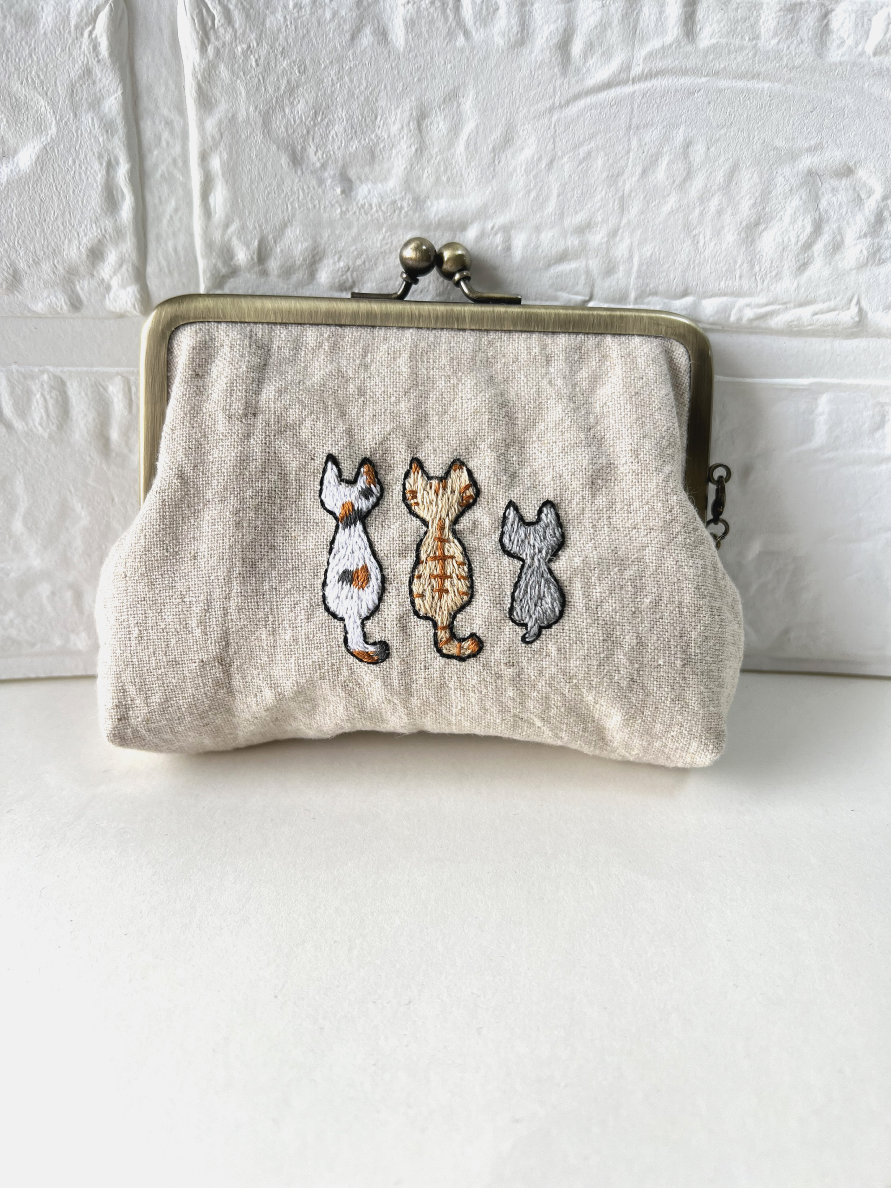 【受注制作】仲良し3匹刺繍親子がま口財布