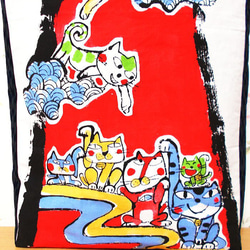 和柄 大きめトートバッグ 招福満福・運気上昇 招き猫 ハンドメイド ショルダーバッグ エコバッグ 帆布 にゃんこ 4枚目の画像