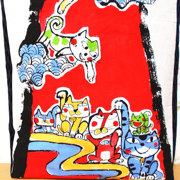和柄 大きめトートバッグ 招福満福・運気上昇 招き猫 ハンドメイド ショルダーバッグ エコバッグ 帆布 にゃんこ 4枚目の画像