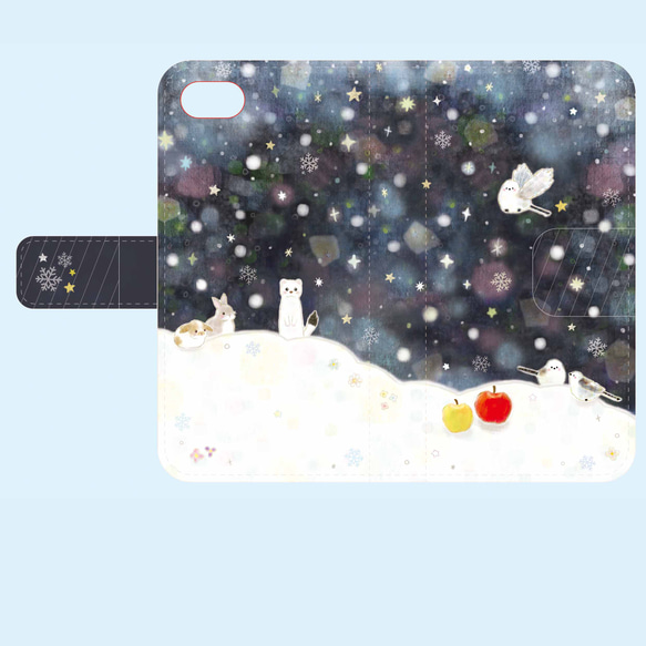 手帳型スマホケース☆雪とシマエナガとりんご✩送料無料 3枚目の画像