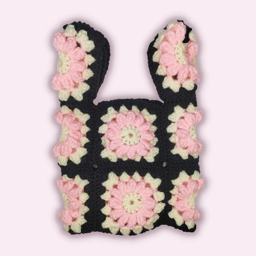 花モチーフ グラニー編み 毛糸 バッグ ブルー ブラウン ピンク