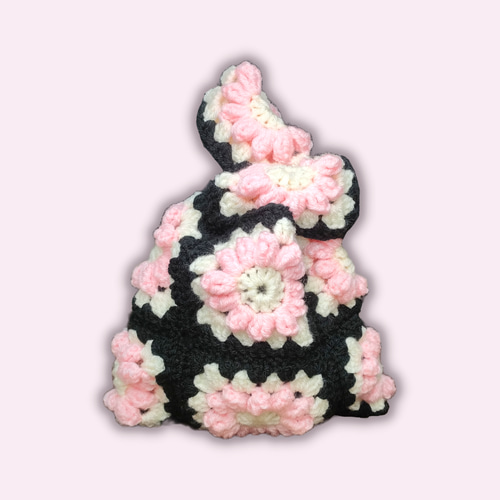 花モチーフ グラニー編み 毛糸 バッグ ブルー ブラウン ピンク