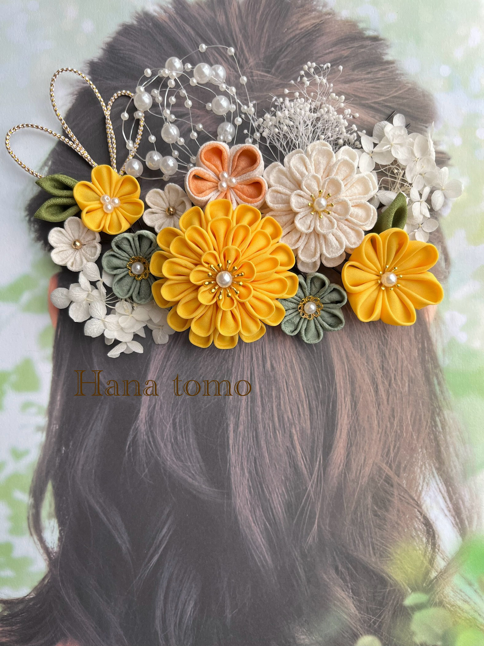 【受注制作】100 和装髪飾り　つまみ細工　黄色　緑　アイボリー　結婚式　成人式　卒業式　袴　七五三　かすみ草 紫陽花
