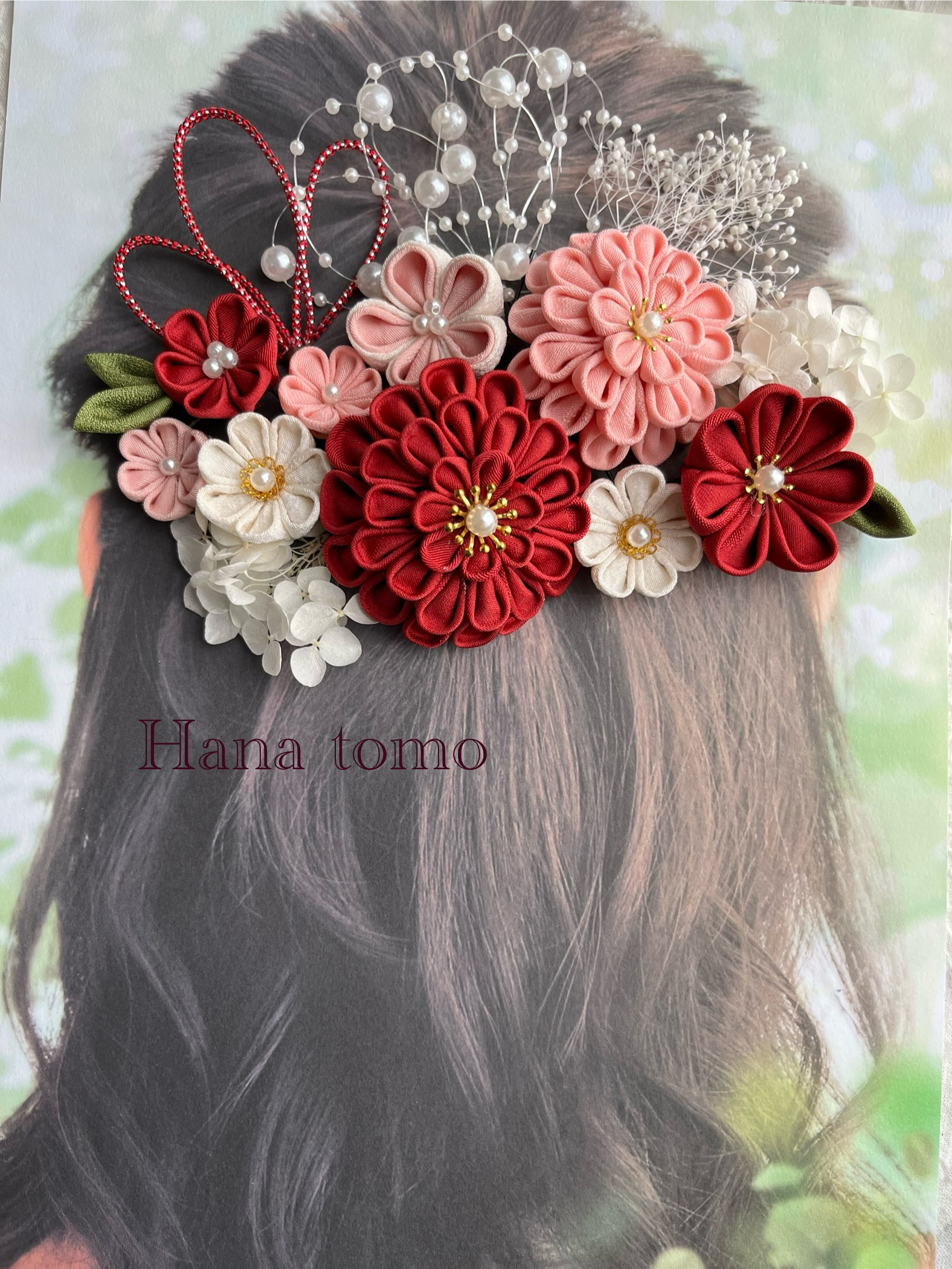 【受注製作】101 和装髪飾り　赤　ピンク　つまみ細工　結婚式　成人式　成人式　卒業式　袴　ちょい足し　かすみ草