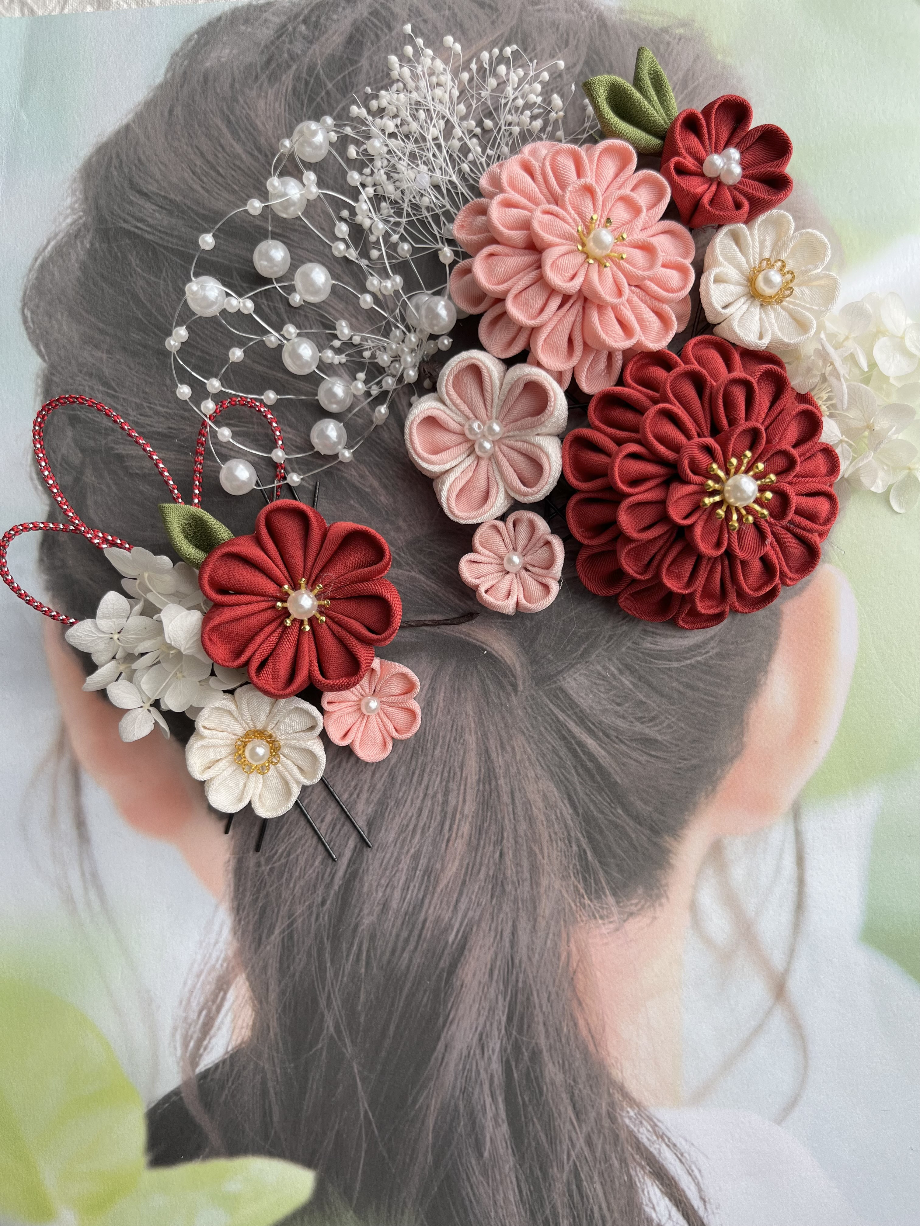 【受注製作】101 和装髪飾り　赤　ピンク　つまみ細工　結婚式　成人式　成人式　卒業式　袴　ちょい足し　かすみ草