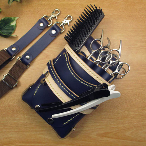 ネイビー＆ナチュラル　４丁差し　本革シザーケース　SCA-32/LNE 手縫い 本革 4丁差し シザーケース (ネイビー＆ナチュラル) SCA-32