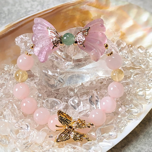 ⭐新作⭐1点物⭐羽⭐蝶々デザインブレスレット⭐フローライト⭐ローズ 