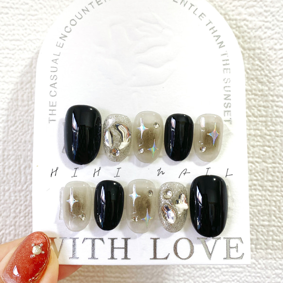 ネイルチップオーダー ブラック黒韓国ワンホンフラッシュラメホワイト