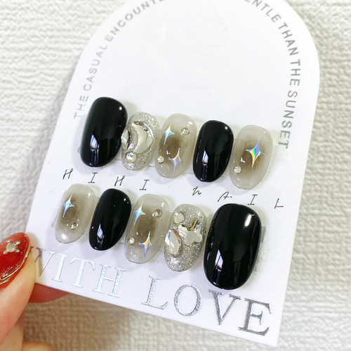 韓国ネイル ワンホンネイル 黒 ブラック ネイルチップ つけ爪 春 夏 秋