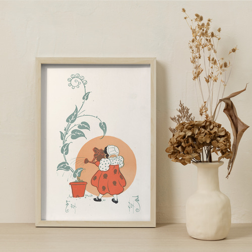 NO.535】水やりをする子供イラストアートポスター☆メルヘンレトロ