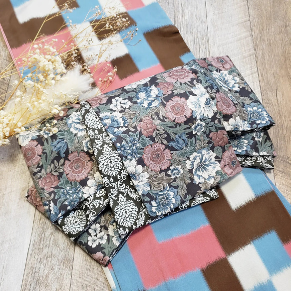 半幅帯】レトロフラワー×ダマスクチャコールグレー /グレー ブラウン