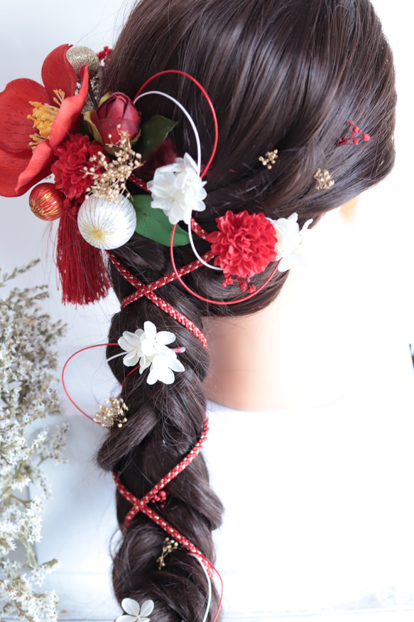 椿&ポンポンマム(菊)の髪飾り+飾り紐+タッセル+水引＊プリザーブドフラワー＊和装にも◎ 16枚目の画像