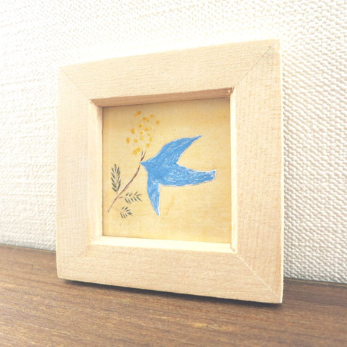 日本画原画】幸福の青い鳥とミモザの花 絵画 ミニ額付き ミニアート