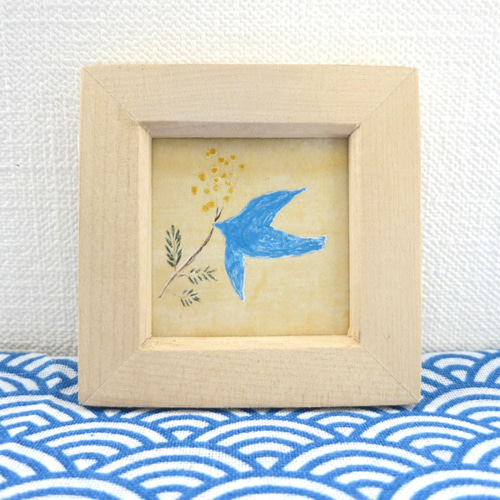 日本画原画】幸福の青い鳥とミモザの花 絵画 ミニ額付き ミニアート