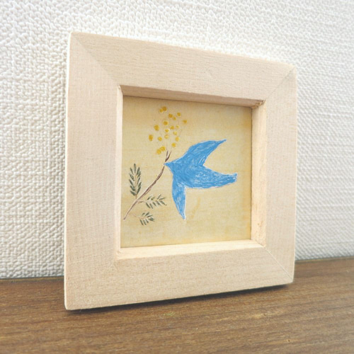 日本画原画】幸福の青い鳥とミモザの花 絵画 ミニ額付き ミニアート