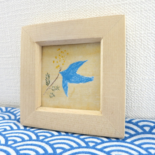 日本画原画】幸福の青い鳥とミモザの花 絵画 ミニ額付き ミニアート