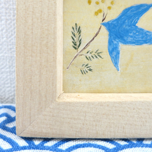 日本画原画】幸福の青い鳥とミモザの花 絵画 ミニ額付き ミニアート