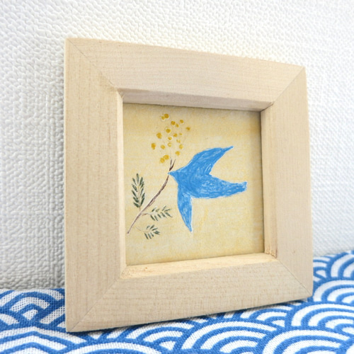 日本画原画】幸福の青い鳥とミモザの花 絵画 ミニ額付き ミニアート