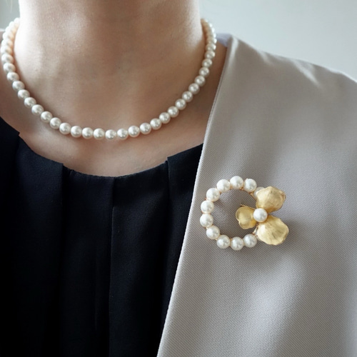 2点セット パールと真鍮お花のブローチ・ネックレス / 国産貝