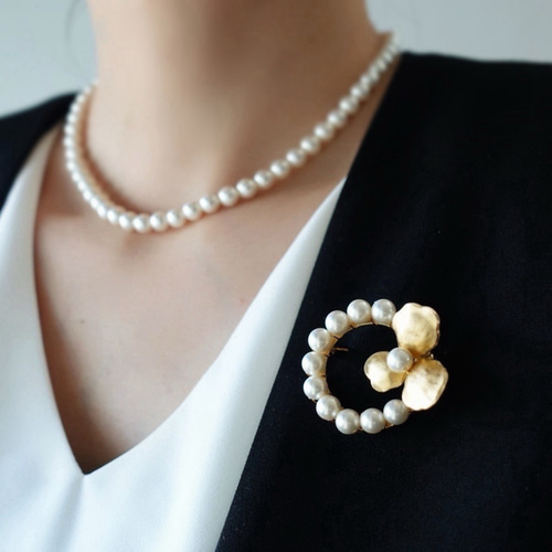 2点セット パールと真鍮お花のブローチ・ネックレス / 国産貝