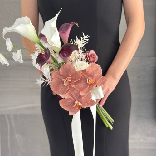 くすみオレンジ胡蝶蘭♪ウェディングブーケ ブートニア付き ブーケ