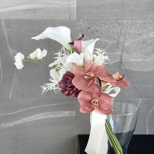 結婚式43*30cmブーケ2点セット(新郎ブートニア付) 造花胡蝶蘭の