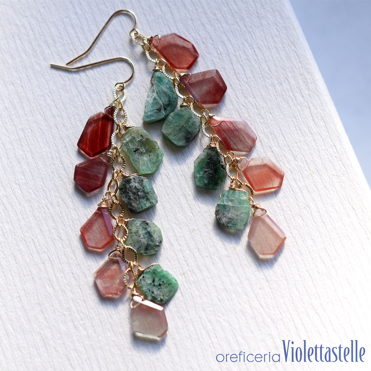 14kgf アンデシンのフリンジピアスwithエメラルド01