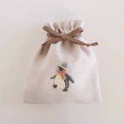ペンギンの冬のお散歩 手刺繍巾着袋 ポーチ Chalet de Pon 通販