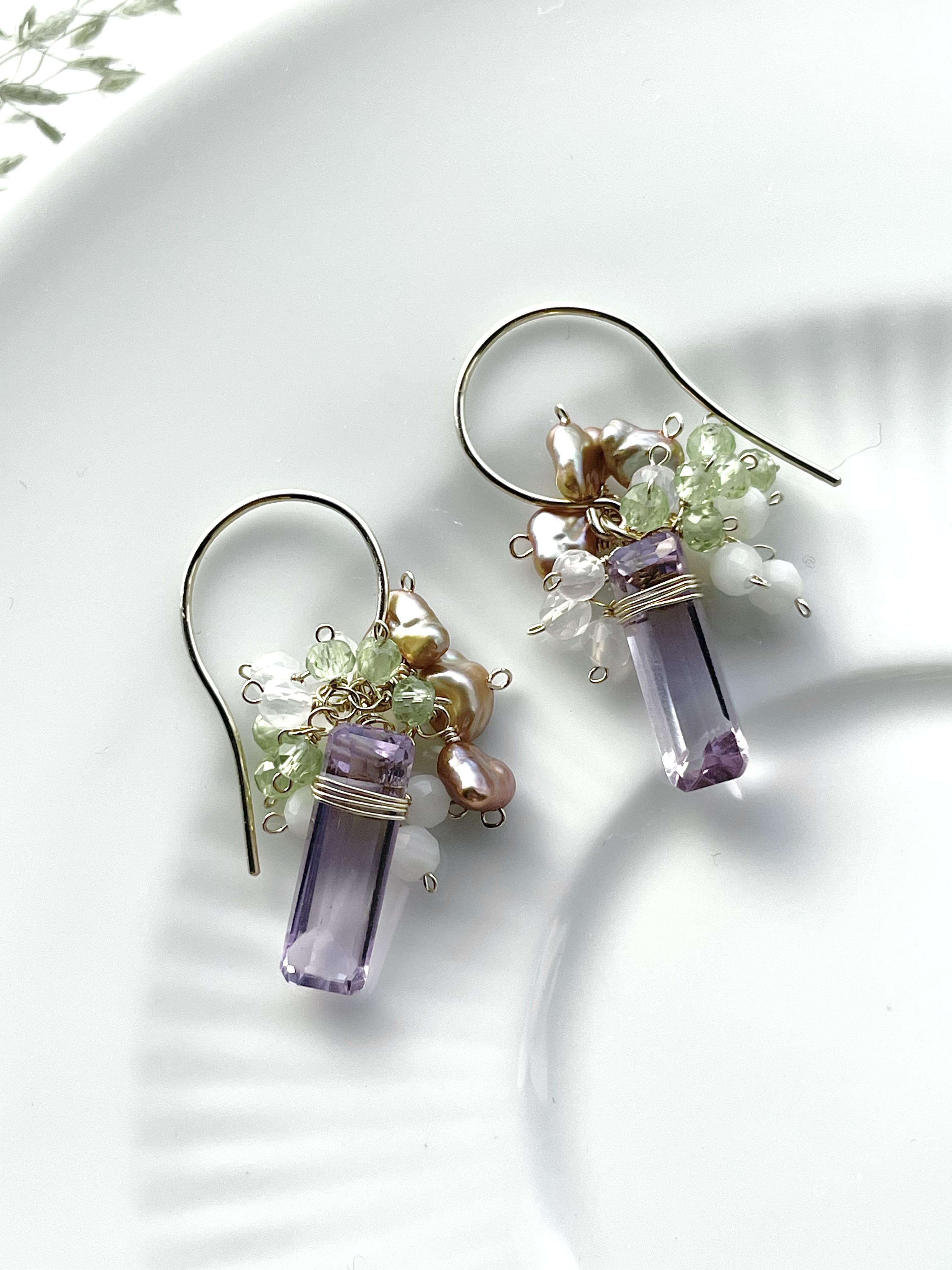 ピアス　アメジスト　ペリドット　淡水パール　夏の誕生石　天然石　14kgf　ギフト　紫陽花　ラベンダー