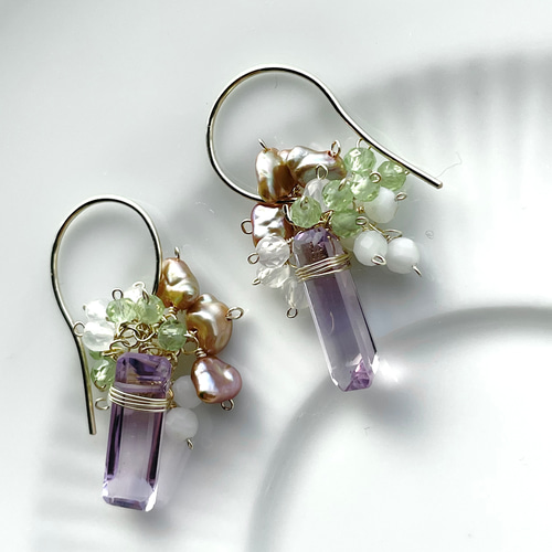 ピアス アメジスト ペリドット 淡水パール 夏の誕生石 天然石 14kgf