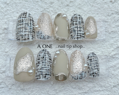 ネイルチップ｜ツイード｜ニュアンス｜パール｜ミラーネイル ネイル