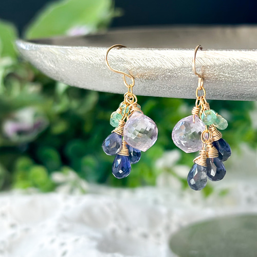 14kgf*ピンクアメジストとアイオライトの春待ちスミレ色ピアス  