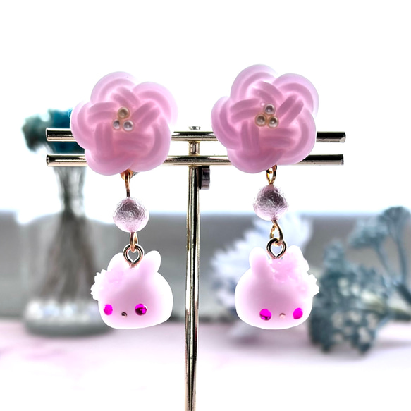 水引 レジン ハンドメイド ピアス ฅ❤️ レジン 猫 ねこ 梅結び 水引