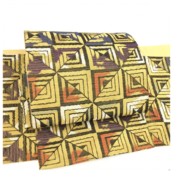 美品 高級呉服 上質 正絹 袋帯 二部式 金茶 二重太鼓 作り帯